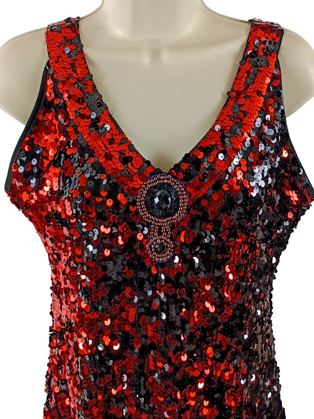 Red And Black Sequin Fringe V-Neck Flapper Party Dress - Picture 3 of 10